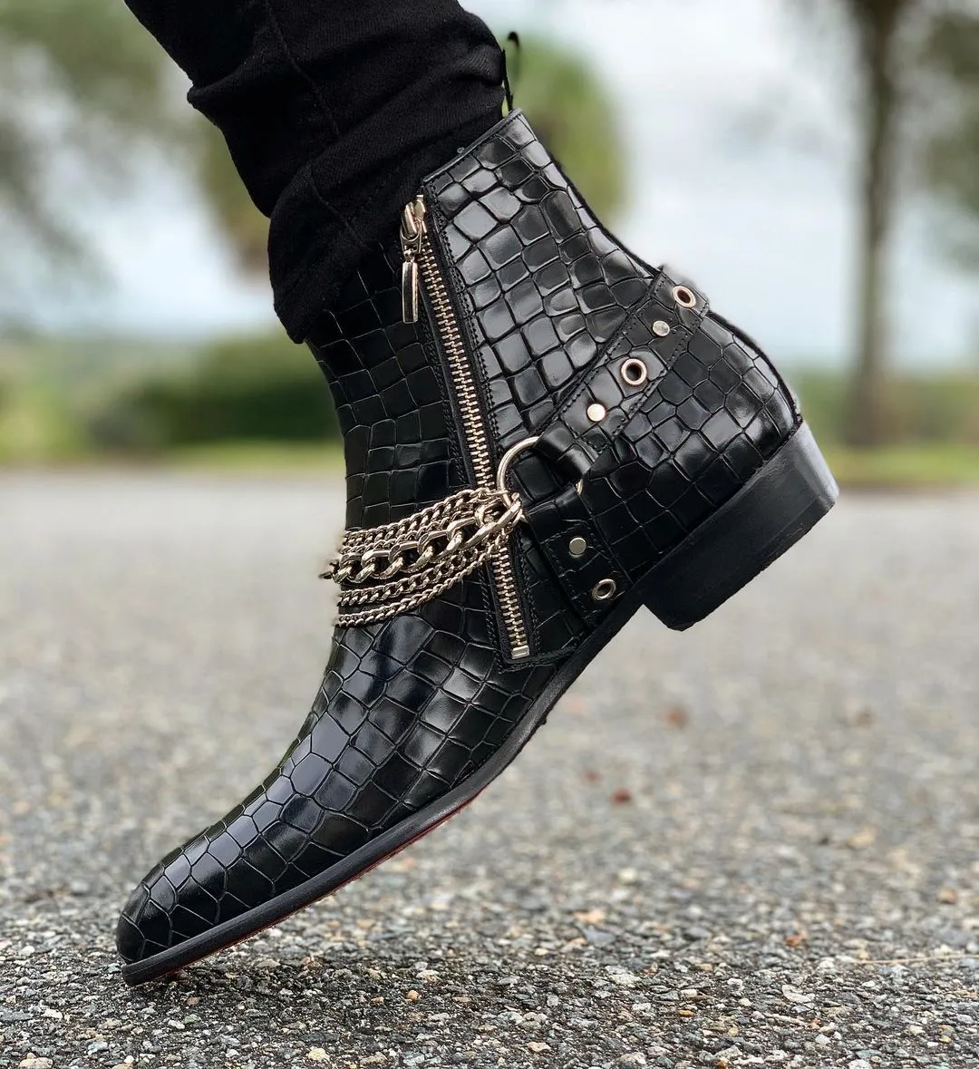 Black Crocodile Print Italian Leather Ravien Harness Chelsea Boots with Silver Chain - Goodyear Welted Fiddle Back Violin Sole sold by Costoso Italiano