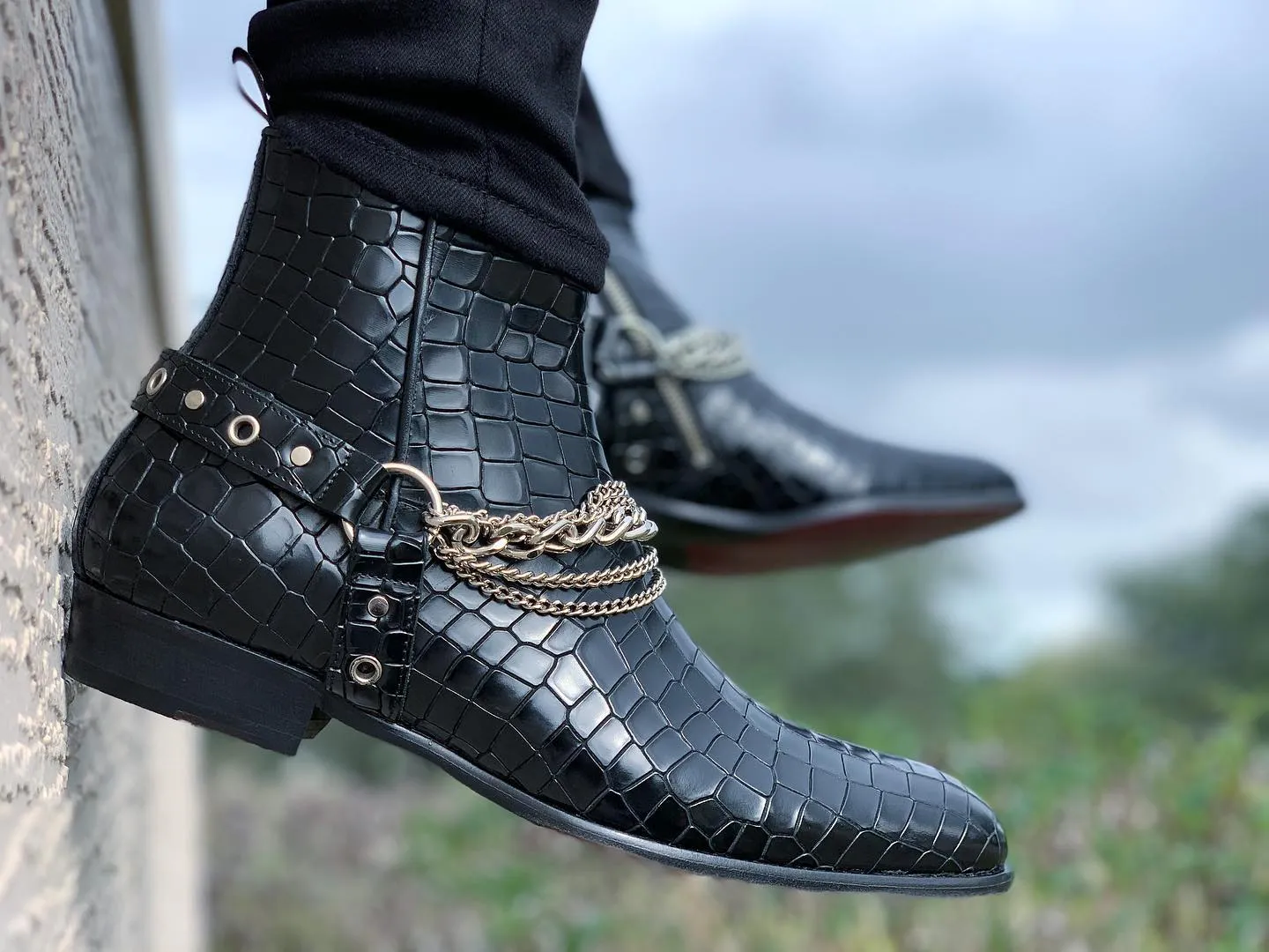 Black Crocodile Print Italian Leather Ravien Harness Chelsea Boots with Silver Chain - Goodyear Welted Fiddle Back Violin Sole sold by Costoso Italiano product image thumbnail 4