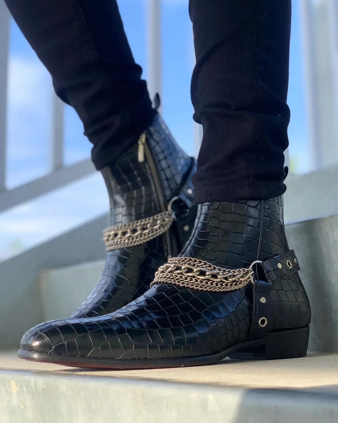 Black Crocodile Print Italian Leather Ravien Harness Chelsea Boots with Silver Chain - Goodyear Welted Fiddle Back Violin Sole sold by Costoso Italiano product image thumbnail 5