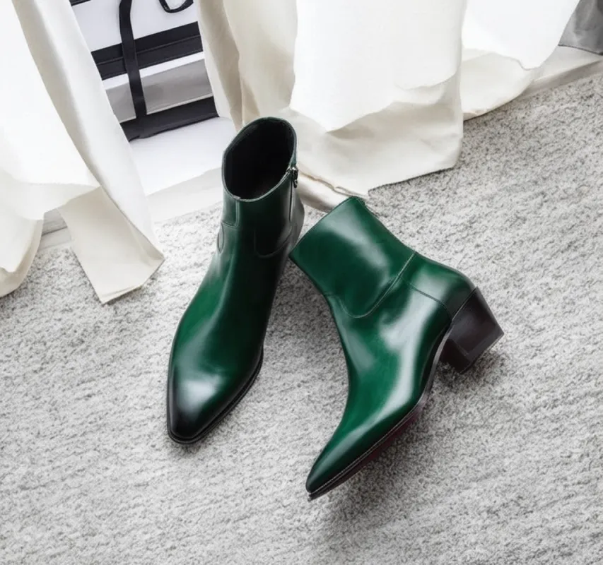 Dark Green Leather Lazzer Slip On Zipper Pointed Boots sold by Costoso Italiano
