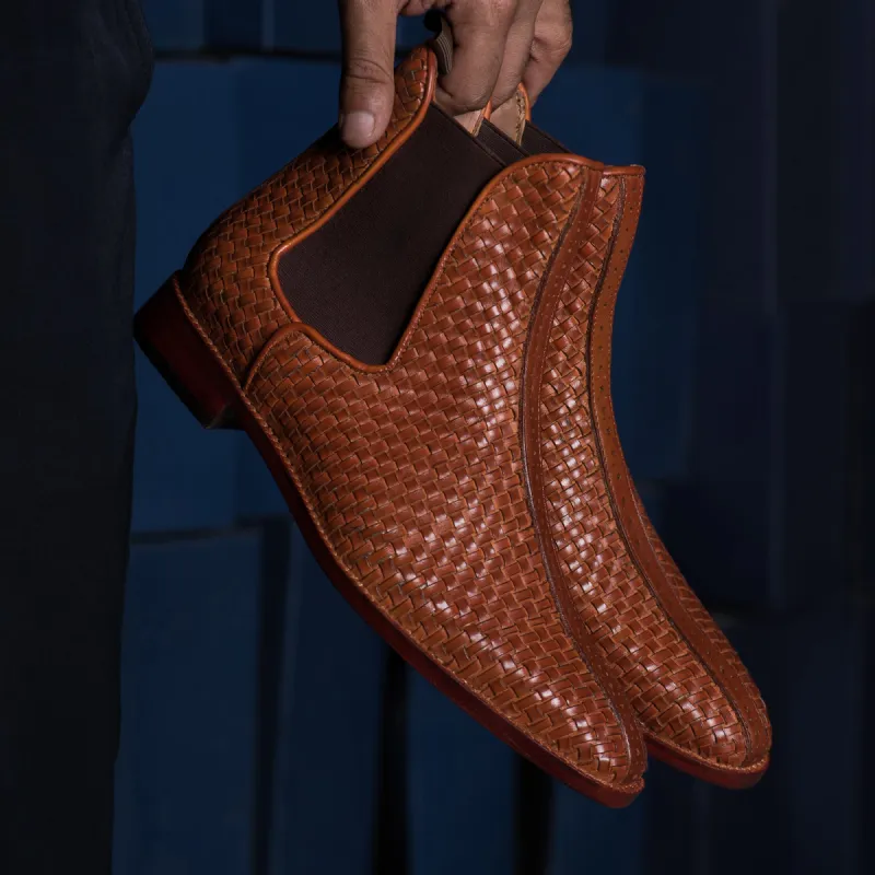 Tan Braided Leather Fenland Slip On Chelsea Boots sold by Costoso Italiano