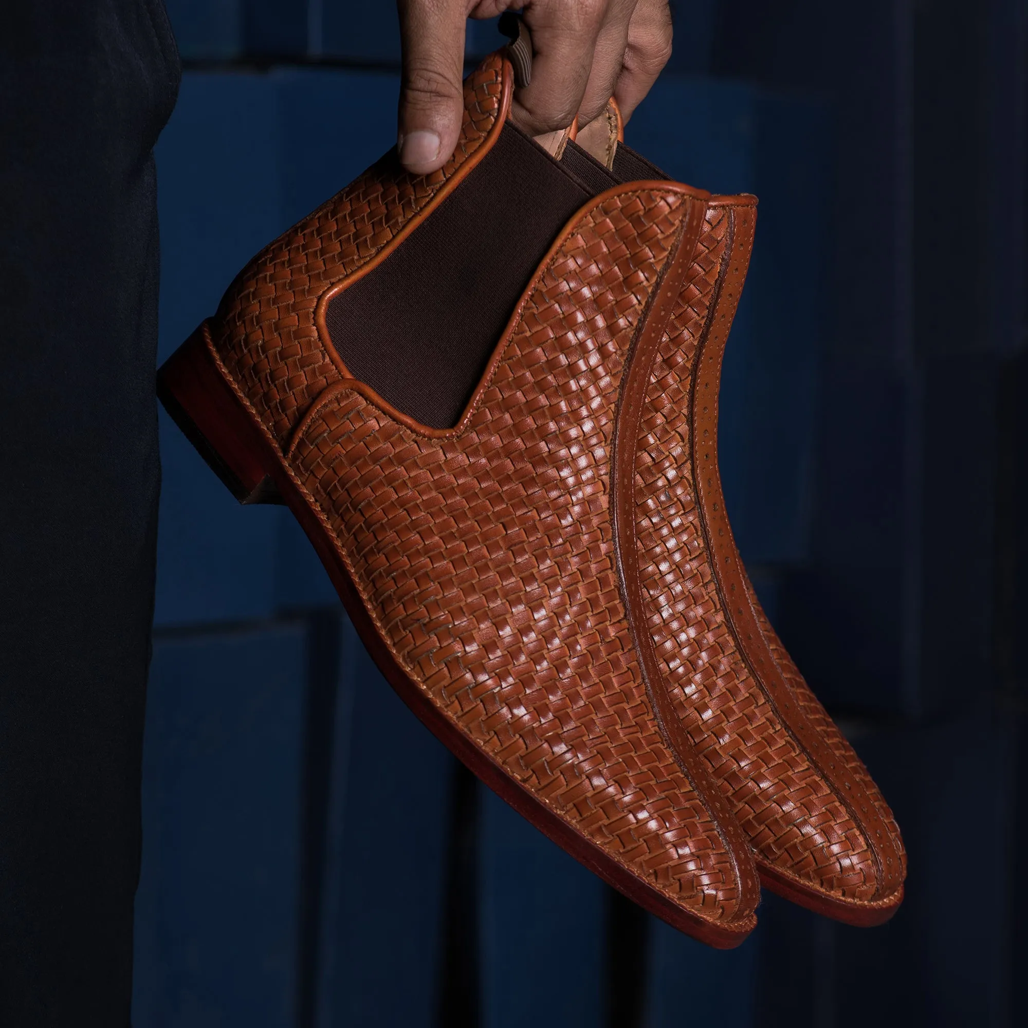 Tan Braided Leather Fenland Slip On Chelsea Boots sold by Costoso Italiano