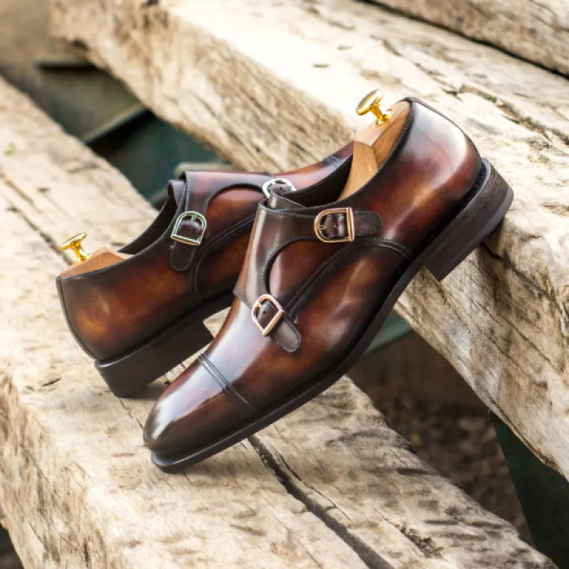 Height Increasing Brown Leather Aarau Toe Cap Monk Straps sold by Costoso Italiano