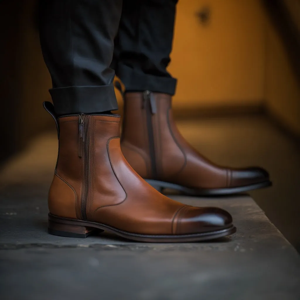 Tan Leather Campbell Slip On Zipper Toe Cap Boots for Men sold by Costoso Italiano