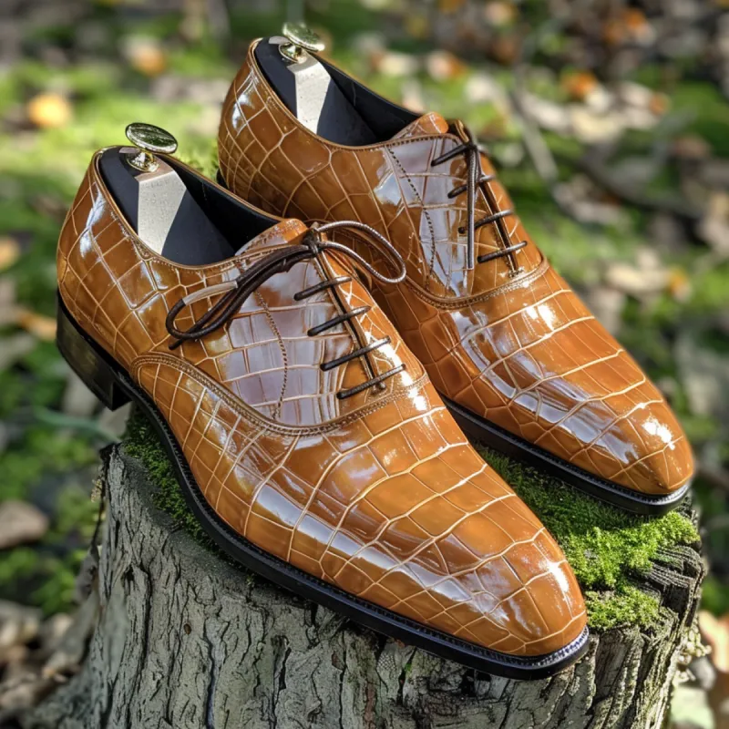 Mansueto Tan Leather Croc Print Oxford sold by Costoso Italiano
