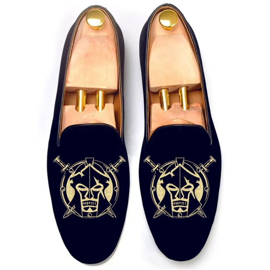 Flat Feet Shoes - Blue Velvet Spartan Shield Embroidered Loafers with Arch Support sold by Costoso Italiano