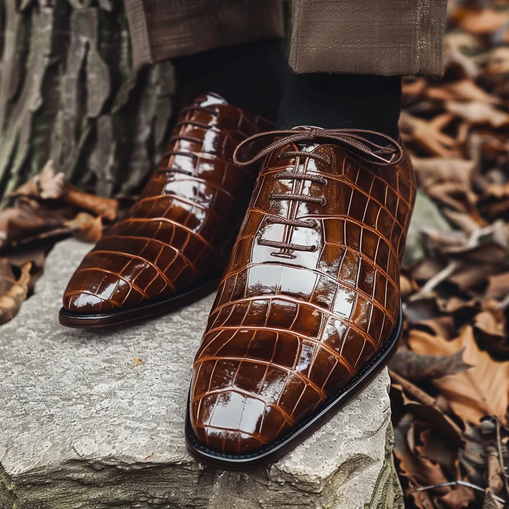 Lidoro Brown Leather Croc Print Oxford sold by Costoso Italiano