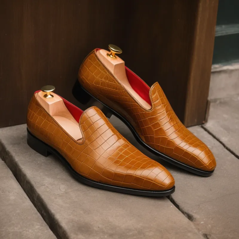 Tan Croc Print Leather Boreas Minimalist Loafers sold by Costoso Italiano