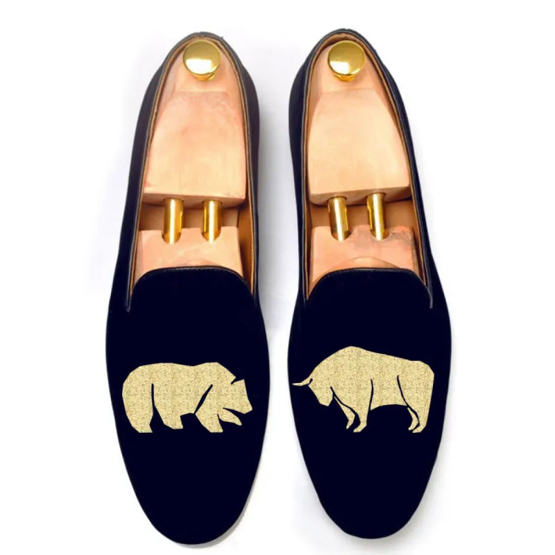 Height Increasing Blue Velvet Bear v/s Bull Embroidered Loafers sold by Costoso Italiano