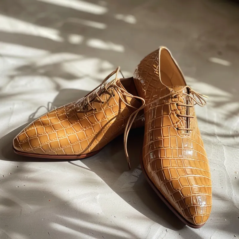 Martino Tan Leather Croc Print Oxford sold by Costoso Italiano