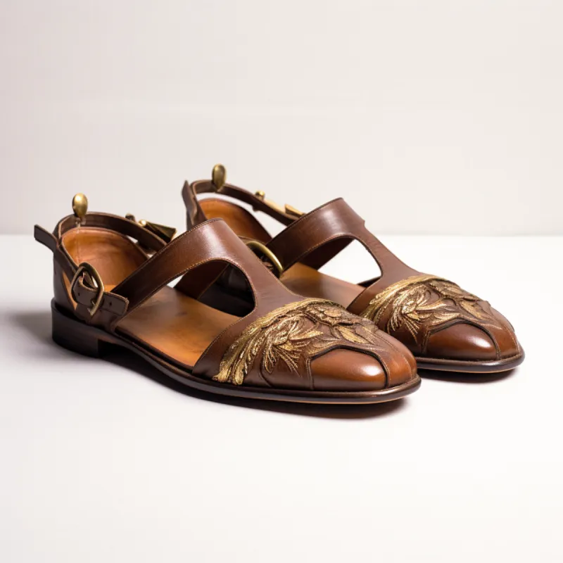 Brown Leather Hand Work Zardozi Peshawari Loafers | Wedding Shoes for Groom | Shoes for Haldi Mehendi Sangeet sold by Costoso Italiano