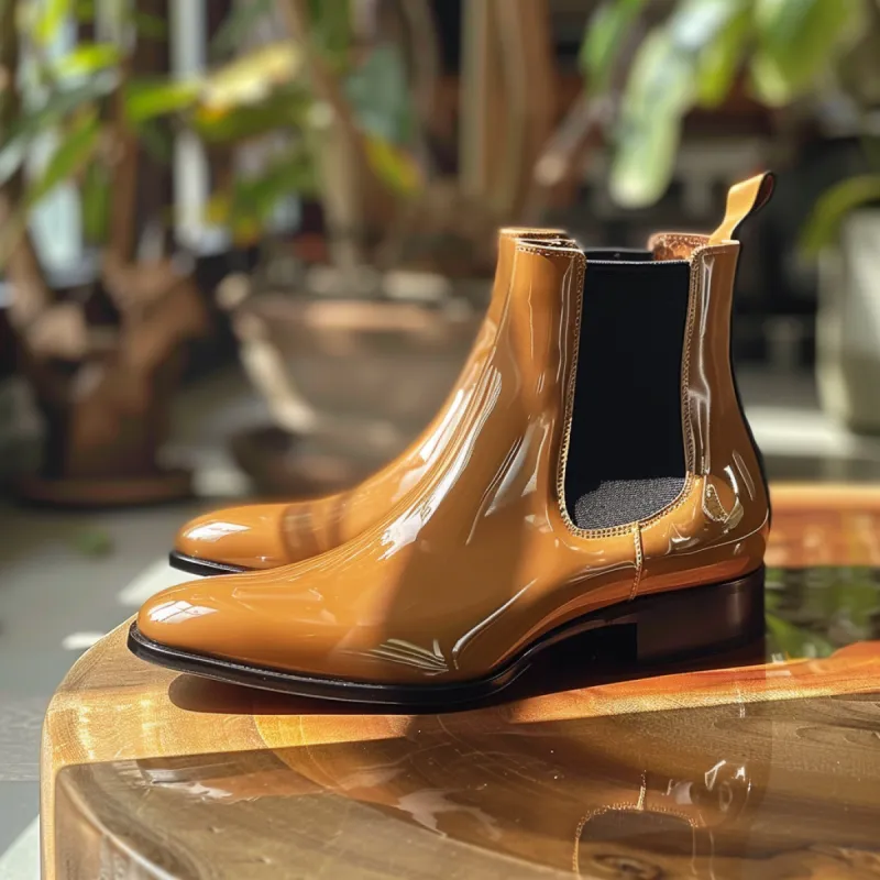 Tan Patent Leather Bonaventura Slip On Pointed Chelsea Boots sold by Costoso Italiano