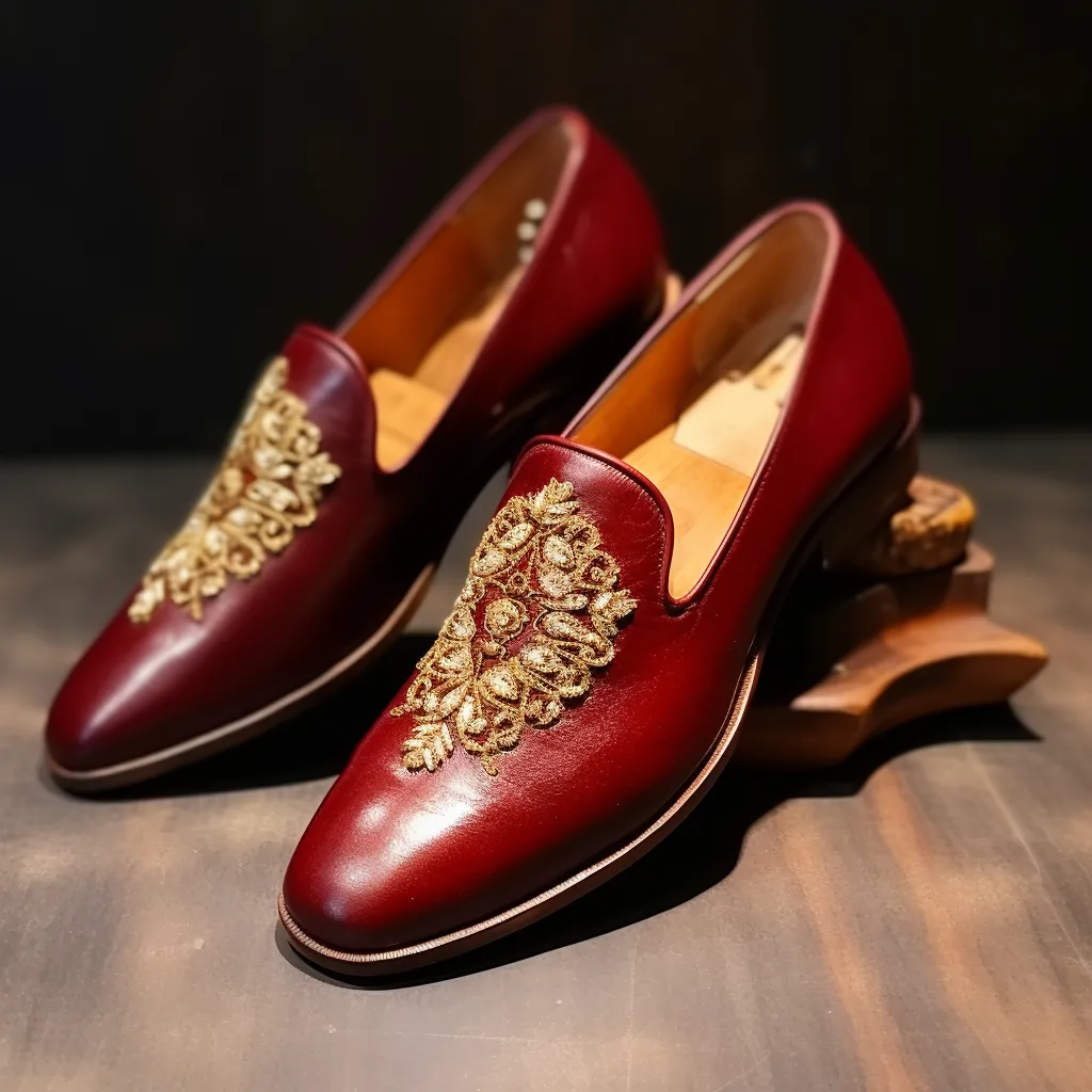 Burgundy Leather Hand Work Zardozi Peshawari Loafers | Wedding Shoes for Groom | Shoes for Haldi Mehendi Sangeet sold by Costoso Italiano