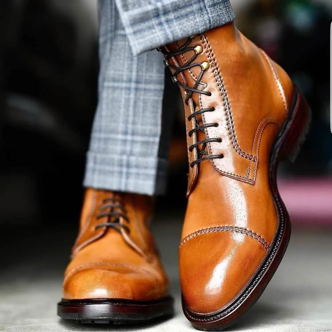 Luxury Edition - Artisian Made Tan Italian Leather Cranbrook Lace Up Derby Boots - AW24 sold by Costoso Italiano