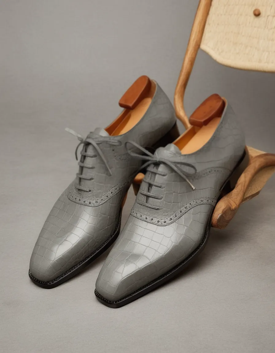 Grey Croc Print Leather Peruni Brogue Oxfords - Formal Shoes sold by Costoso Italiano