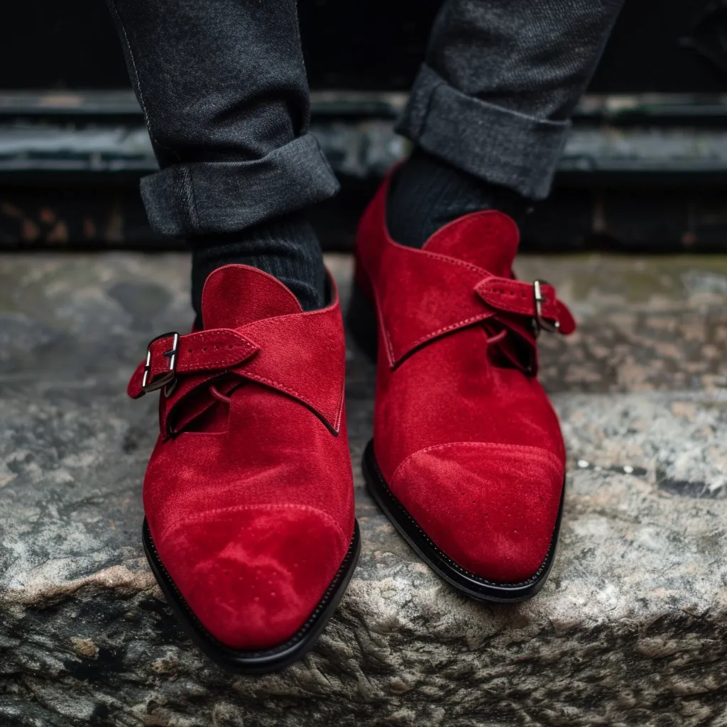Red Suede Leather Patrizio Slip-On Monk Straps sold by Costoso Italiano