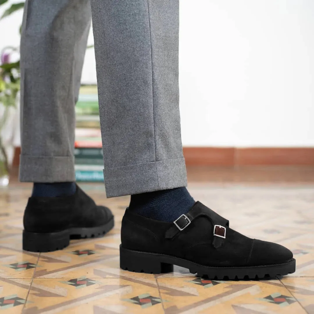 Black Suede Krewsten Chunky Monk Strap Shoes with Toecap - With Track Soles sold by Costoso Italiano