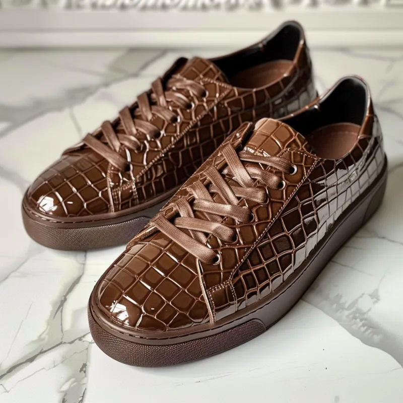 Brown Croc Print Leather Orfeo Lace Up Sneakers sold by Costoso Italiano