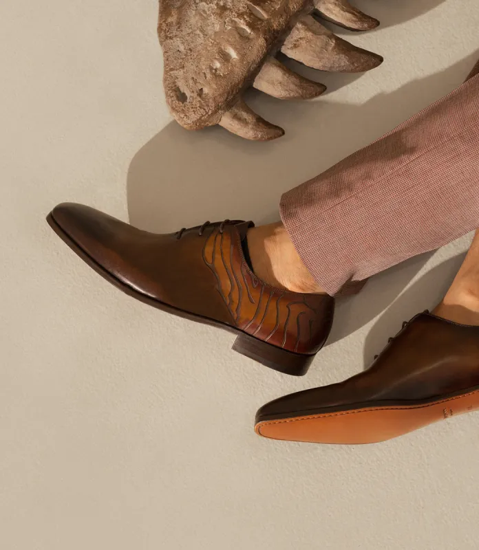 Brown and Tan Leather Dino Print Lace Up Oxfords - SS23 sold by Costoso Italiano