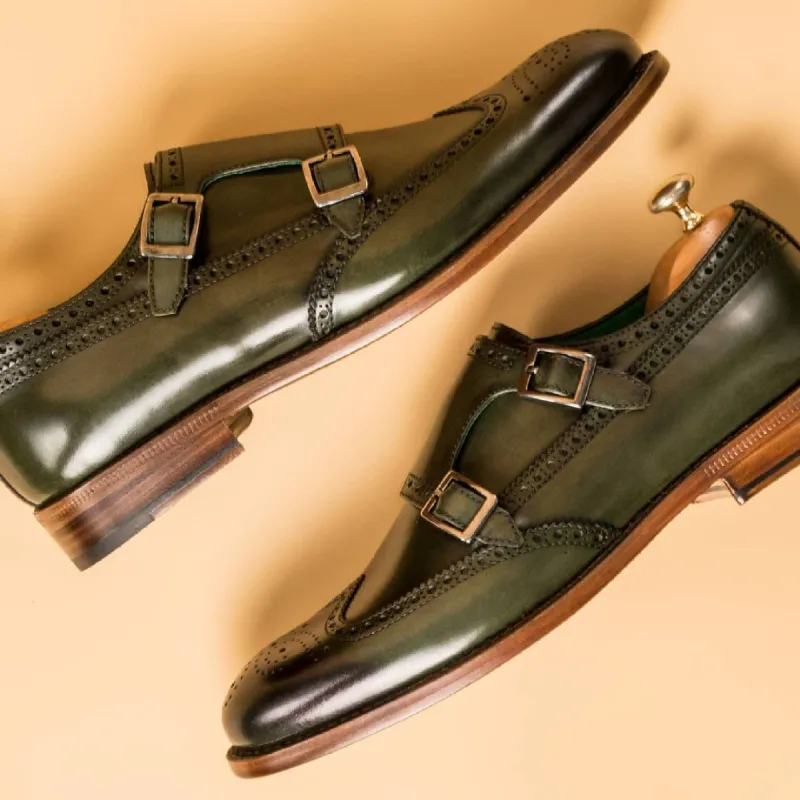 Height Increasing Green Leather Arbon Brogue Toe Cap Double Monk Straps sold by Costoso Italiano