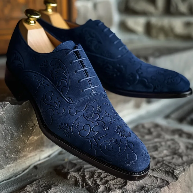 Navy Blue Suede Leather Sharp Step Brogue Oxfords Shoes - Summer 2024 Collection sold by Costoso Italiano