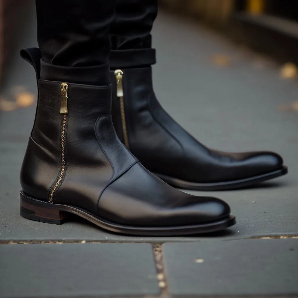 Black Leather Resolution Slip On Zipper Boots for Men sold by Costoso Italiano