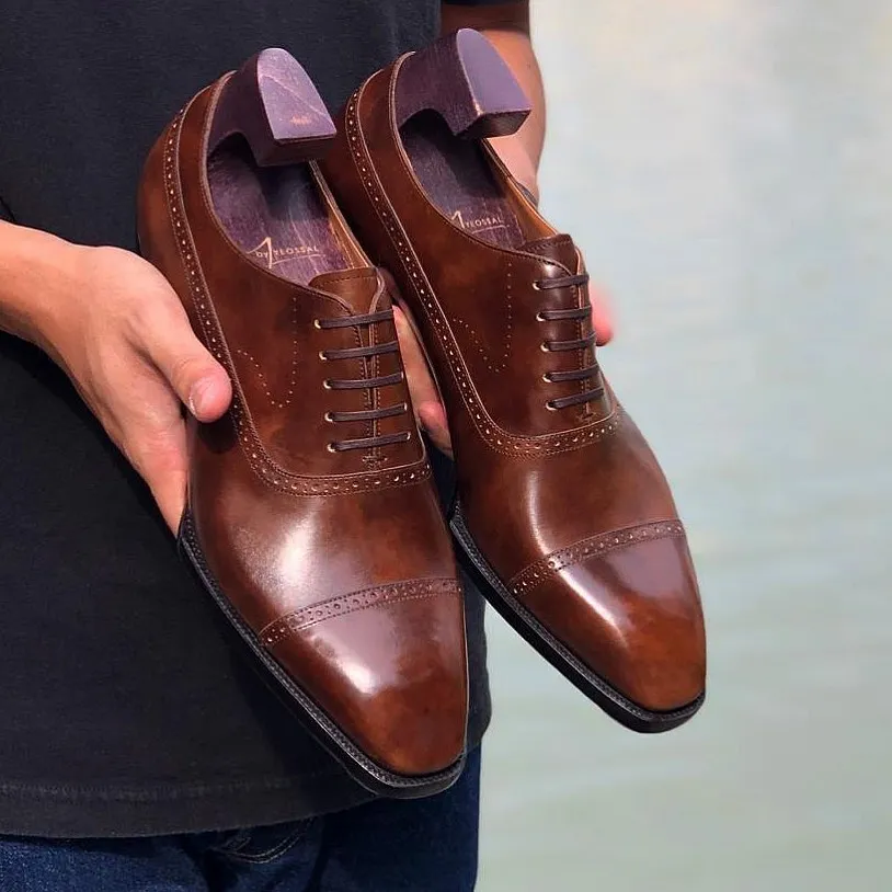 Tan Leather Peria Brogue Toe Cap Oxfords - Formal Shoes - AW24 sold by Costoso Italiano