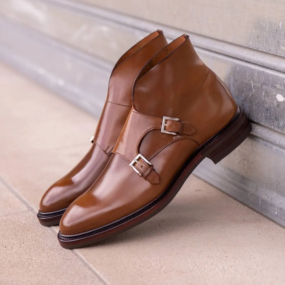 Tan Leather Burgos Monk Strap Boots sold by Costoso Italiano