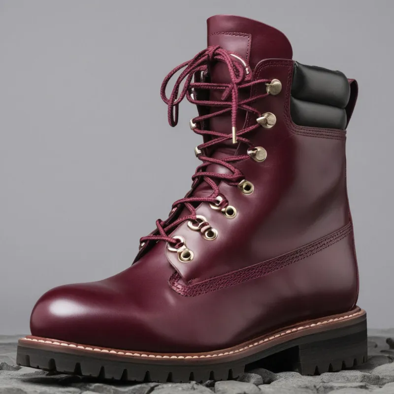 Burgundy Leather Abbraccio Mid Calf Rugged Lace Up Combat Hiking Boots with Chunky Track Sole sold by Costoso Italiano
