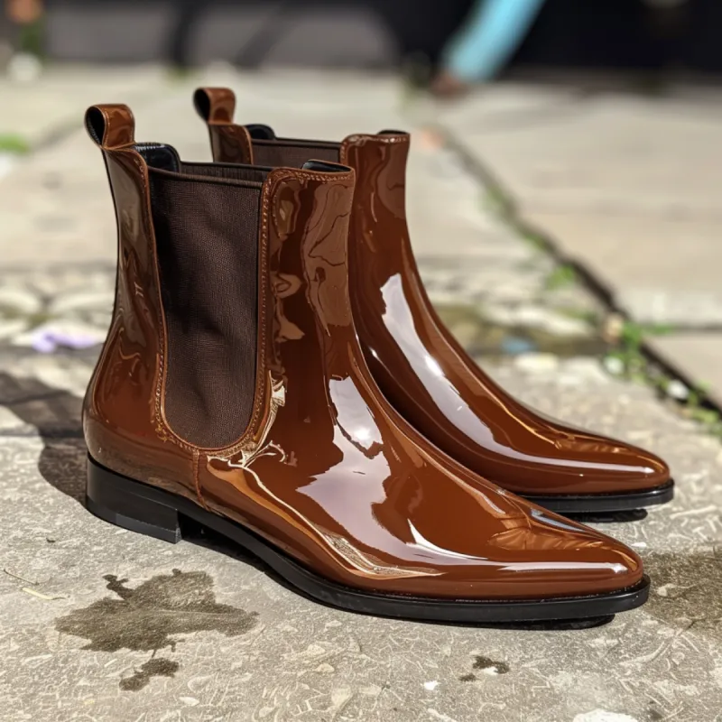 Brown Patent Leather Bendetto Slip On Pointed Chelsea Boots sold by Costoso Italiano