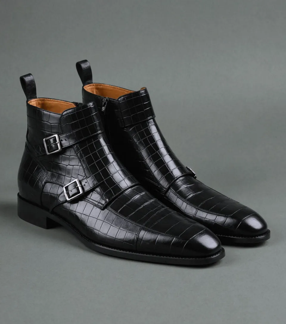 Black Croc Print Leather Bordeaux Zipper Monk Strap Boots : The Dapper Edit sold by Costoso Italiano