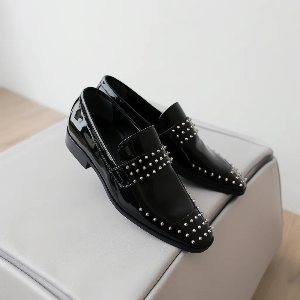 Black Patent Leather Spike Iridia Slip On Studded Loafers - SS23 sold by Costoso Italiano