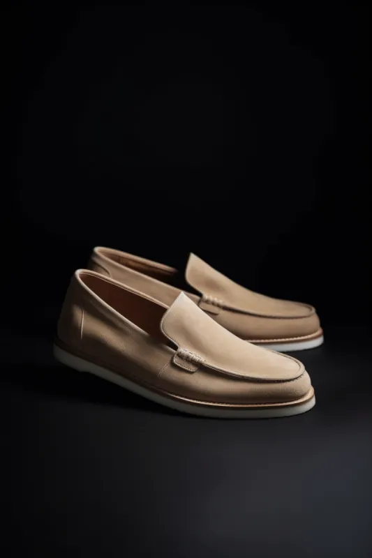 Beige Suede Elowen Slip On Loafers with White Sole - Summer 2024 Collection sold by Costoso Italiano