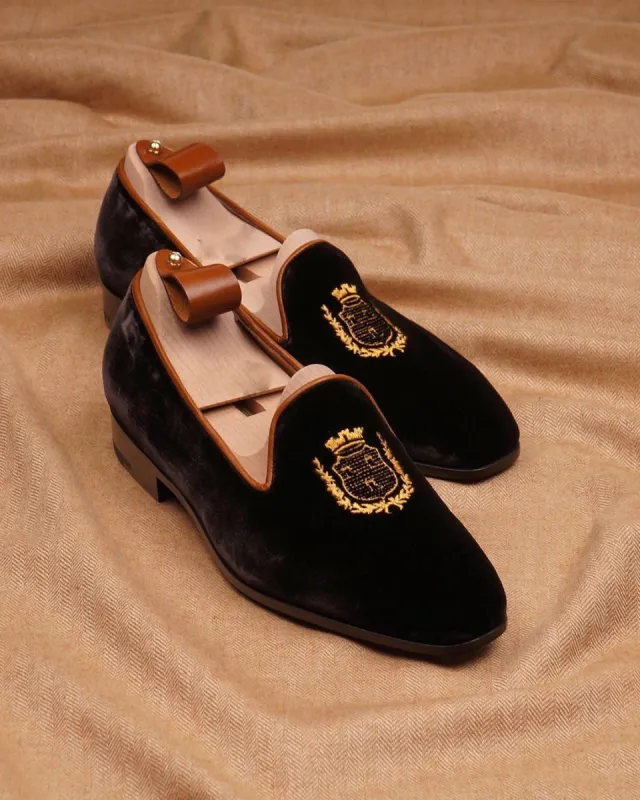 Brown Velvet Shield Embroidered Loafers sold by Costoso Italiano