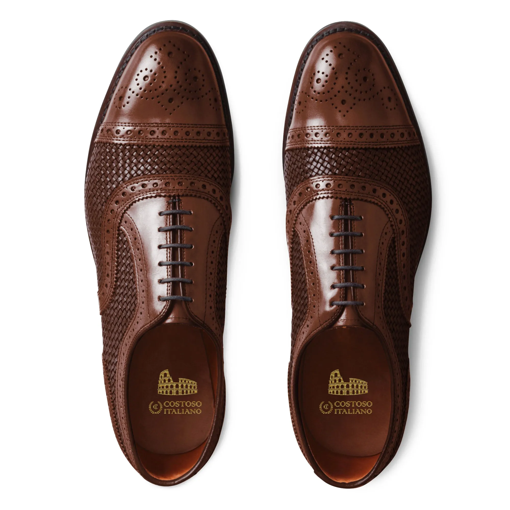 Height Increasing Brown Braided Leather Morice Brogue Oxfords sold by Costoso Italiano
