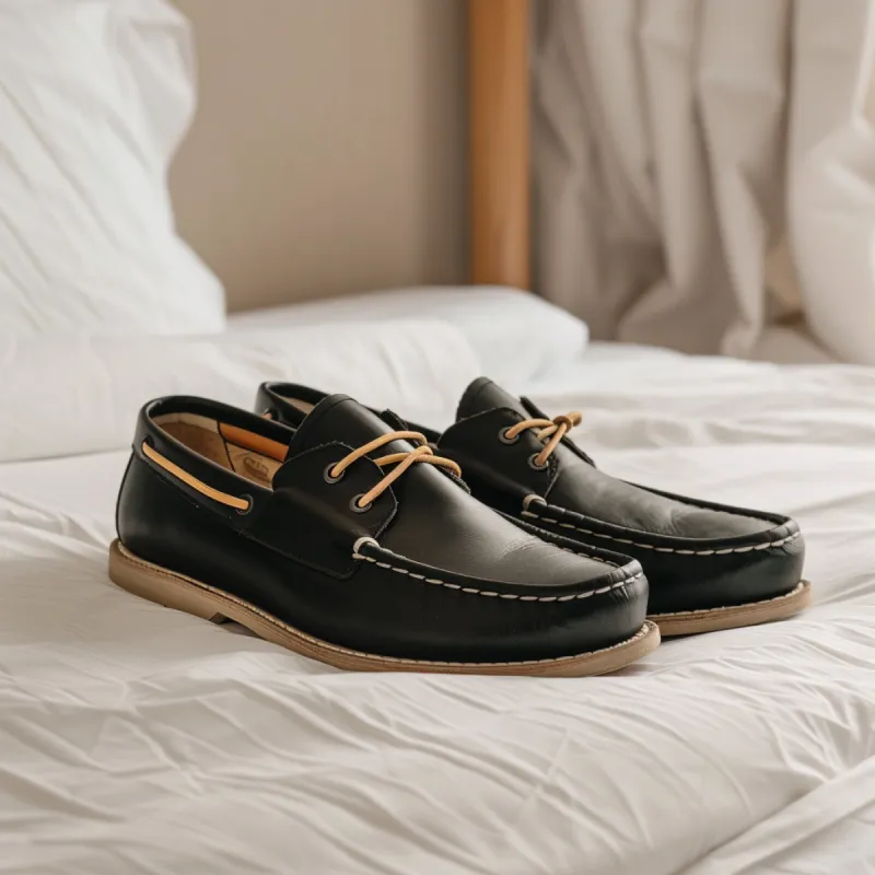 Black Lamberto Boat Shoes with Tan Sole sold by Costoso Italiano
