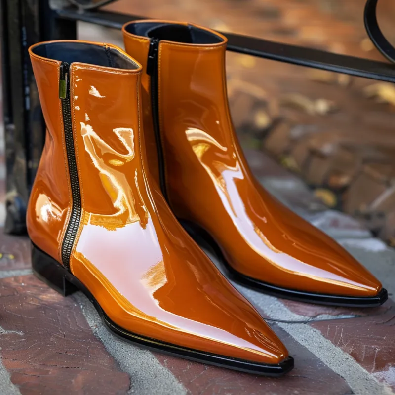 Tan Patent Leather Furio Slip-On Pointed Zipper Boots sold by Costoso Italiano