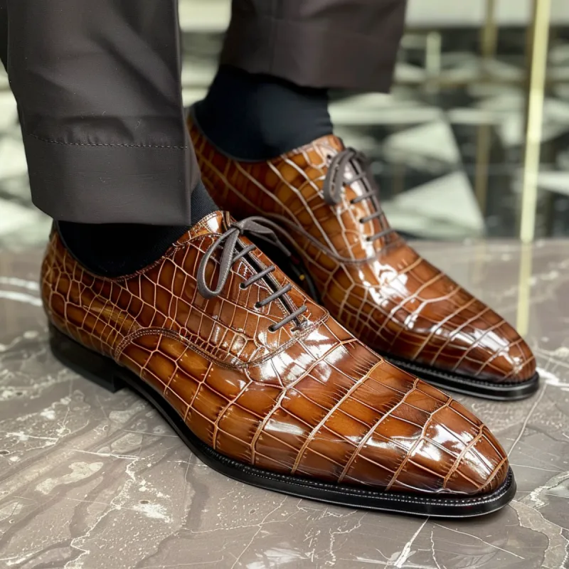 Licio Brown Leather Croc Print Oxford sold by Costoso Italiano