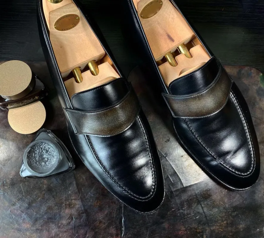 Black Leather Burnie Slip On Loafers sold by Costoso Italiano