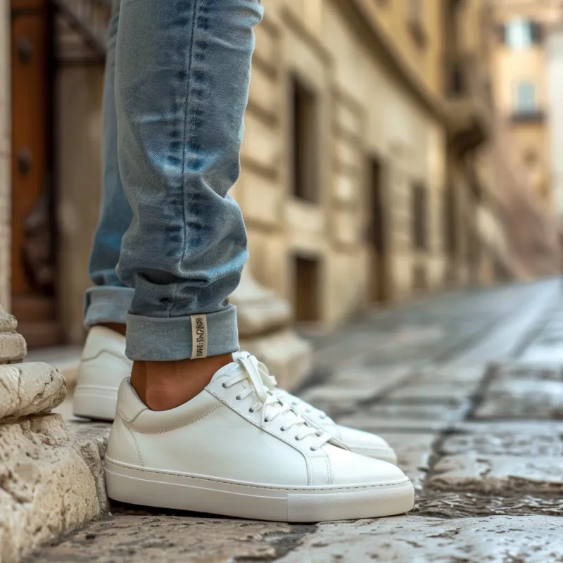 White Leather Sage Slip Lace-Up Sneakers with White Sole - Summer 2024 Collection sold by Costoso Italiano