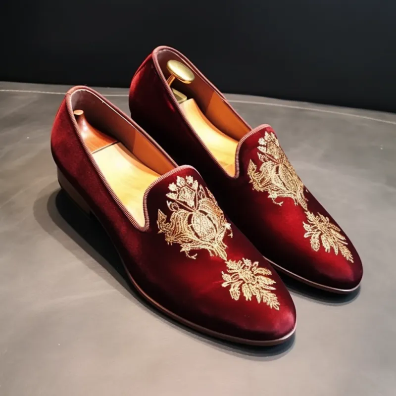 Burgundy Leather Embroidery Work Peshawari Loafers | Wedding Shoes for Groom | Shoes for Haldi Mehendi Sangeet sold by Costoso Italiano