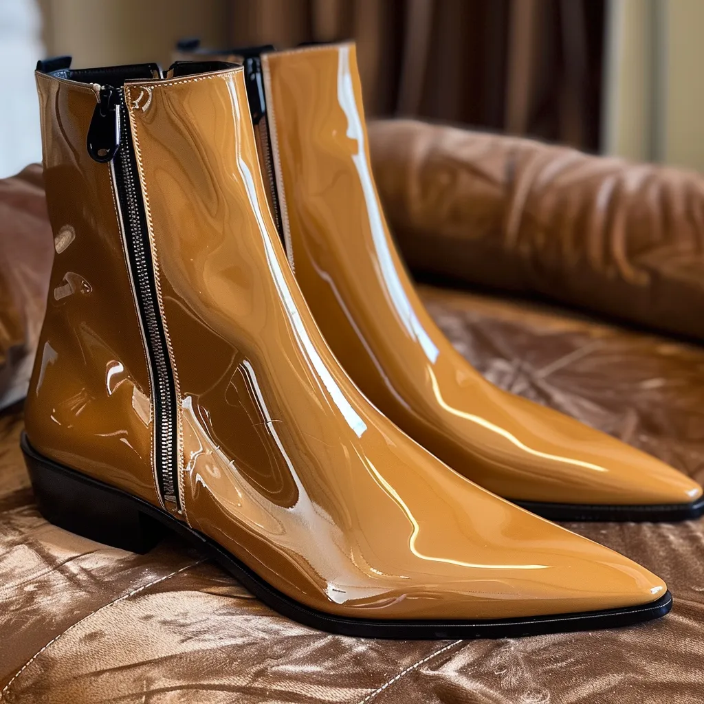 Tan Patent Leather Fisico Slip-On Pointed Zipper Boots sold by Costoso Italiano