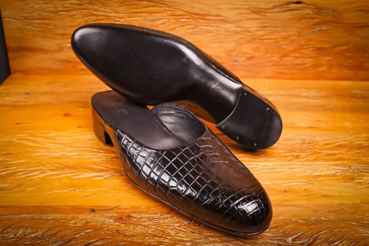 Black Leather With  Animal Croc Alligator Print  Celeste Calm Mule Loafers - Summer 2024 Collection sold by Costoso Italiano
