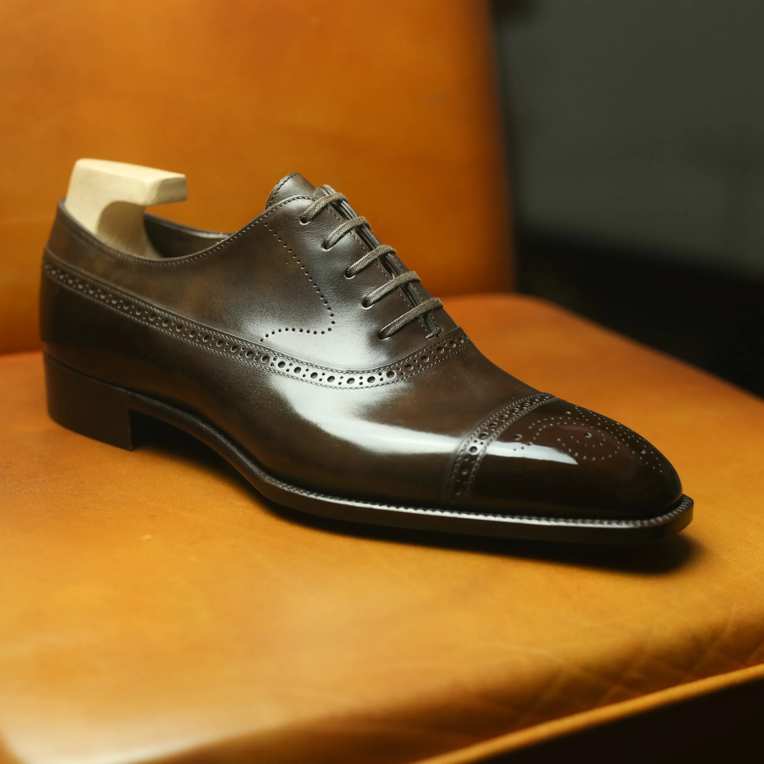 Brown Italian Leather Cedara Brogue Toe Cap Oxfords - Formal Shoes - Goodyear Welted Fiddle Back Violin Sole sold by Costoso Italiano