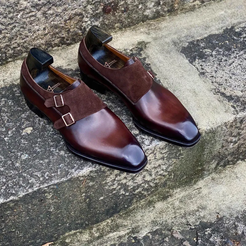 Brown Suede and Leather Mallorca Buckle Double Monk Straps - AW24 sold by Costoso Italiano