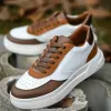 White & Brown Leather Savvy Lace-Up Sneakers with White Sole - Summer 2024 Collection sold by Costoso Italiano