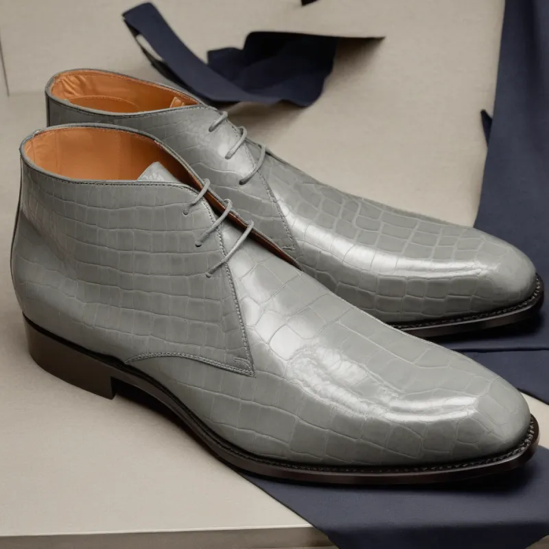 Grey Croc Print Leather Gabrovo Chukka Lace Up Boots made by Costoso Italiano