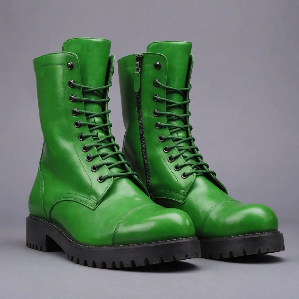 Green Leather Oriella Lace Up Chunky Derby Boots with Zipper and Track Sole - AW24 - Hiking and Trekking Boots sold by Costoso Italiano