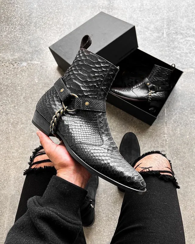 Height Increasing Black Crocodile/Python Print Italian Leather Wanton Slip On Harness Chelsea Boots - GOODYEAR WELTED FIDDLE BACK VIOLIN SOLE sold by Costoso Italiano product image thumbnail 2
