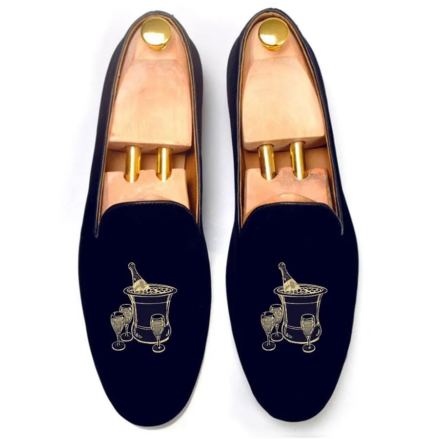 Flat Feet Shoes - Blue Velvet Champagne Party Embroidered Loafers with Arch Support sold by Costoso Italiano